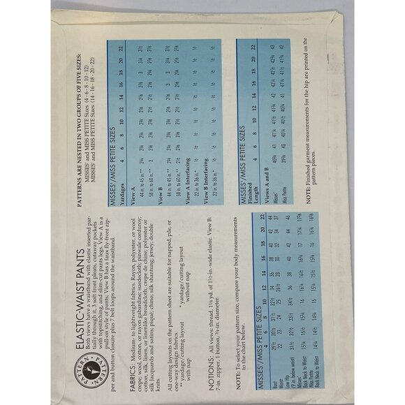 Elastic-Waist Pants Sewing Pattern Misses & Misses Petite Sizes 6-22 - Picture 2 of 2